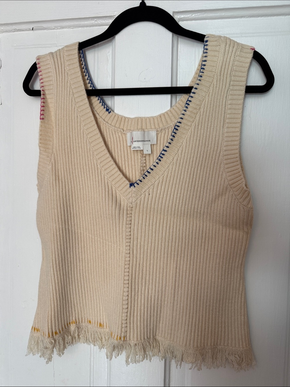 Anthropologie Cream Ribbed V-Neck Tank with Contrast Stitching
